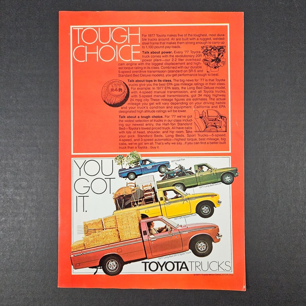 1977 Toyota‎ Trucks Half-Ton Long Bed SR-5 Sport Deluxe Vintage Print Ad Garage